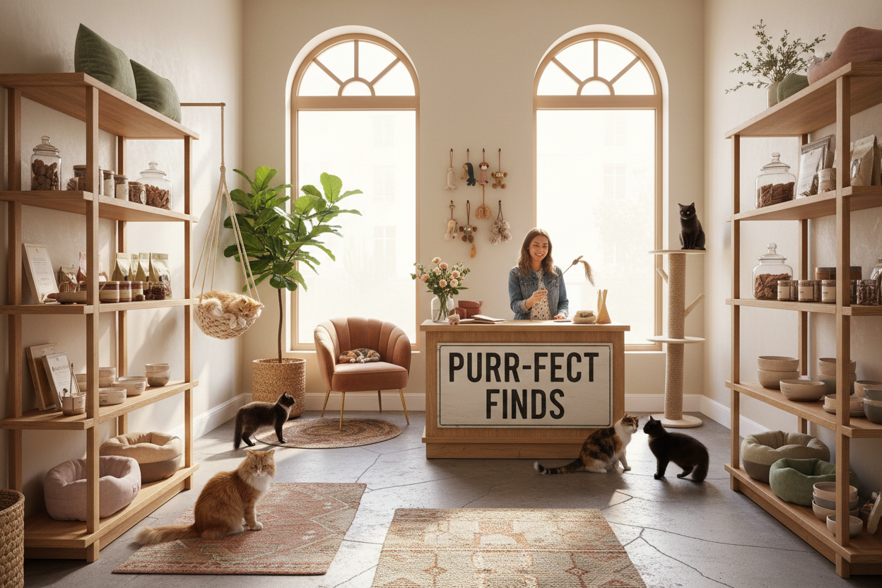 A bright, cozy cat boutique interior with warm lighting, stylish wooden shelves filled with premium cat products, playful cats lounging and exploring, soft natural colors, modern aesthetic, high-quality hero photo, inviting and friendly atmosphere.